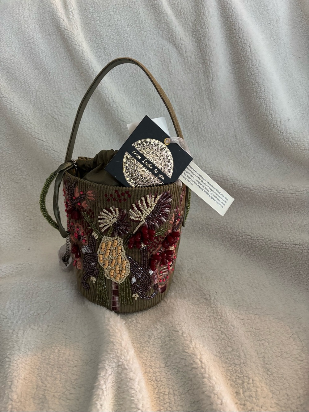 Olive Green Beaded Floral Mini Bucket Bag - Picture 2 of 2